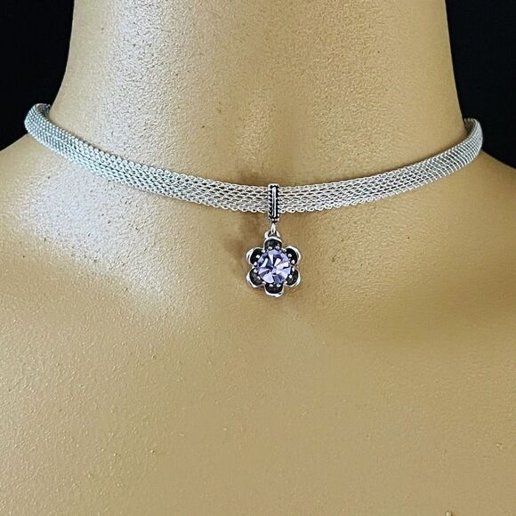 Beautiful Choker Silver Mesh Flower Pendant Purple Stone Fashion Necklace 1078 - Picture 6 of 10